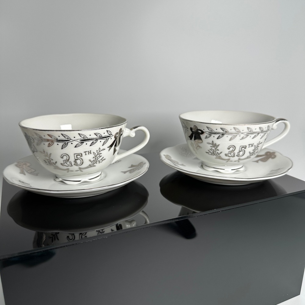Lefton China 25th Anniversary Tea Cup Saucer Set 2 White Silver Trim 4930 Japan‎
